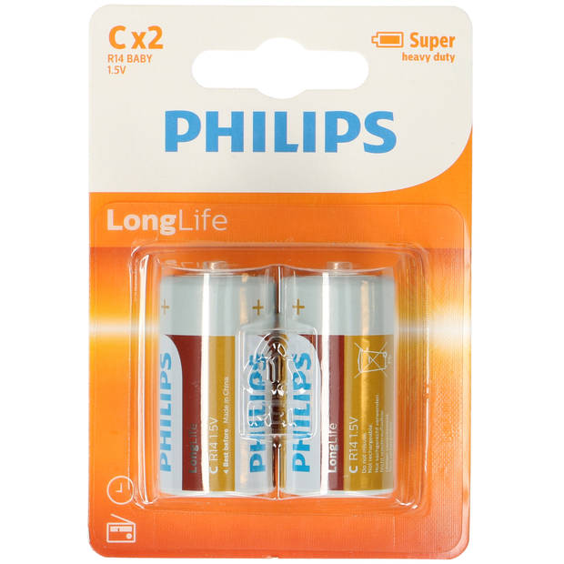 2x Philips Long Life LR14 C-batterijen 1,5 Volt - Batterijen