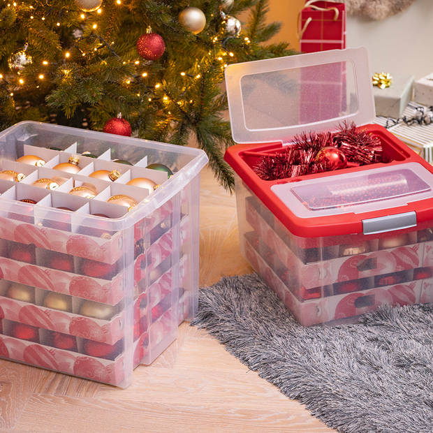 Set van 2 - Nesta kerst opbergbox 32L met trays voor 32 kerstballen transparant rood