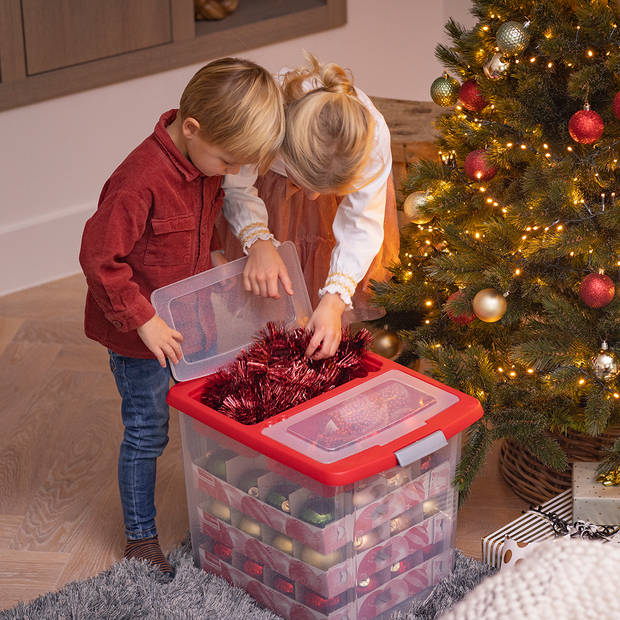 Set van 4 - Nesta kerst opbergbox 45L met trays voor 48 kerstballen transparant rood