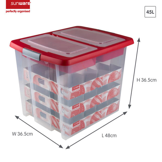 Set van 4 - Nesta kerst opbergbox 45L met trays voor 48 kerstballen transparant rood