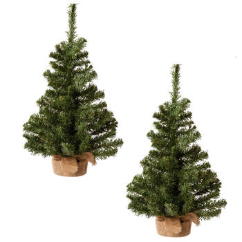 Set van 2x stuks mini kunst kerstbomen in jute zak 60 cm - Kunstkerstboom