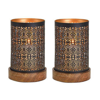 2x Waxinelichthouders zwart op houten voet 18 x 10 cm - Waxinelichtjeshouders