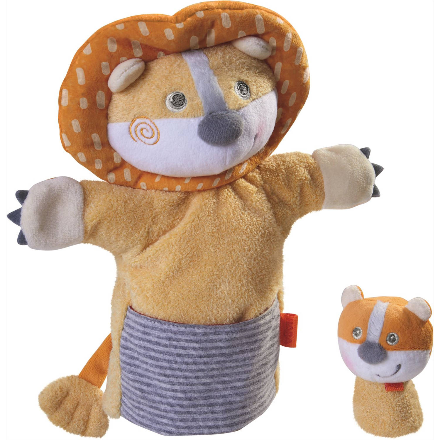 Haba handpop Leeuw met baby junior 30 x 22 cm polyester oranje