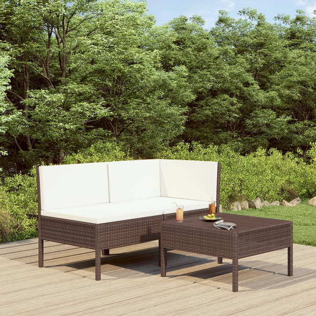 vidaXL 3-delige Loungeset met kussens poly rattan bruin