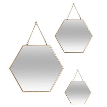Set van 3x spiegels/wandspiegels hexagon metaal goud met ketting - Spiegels