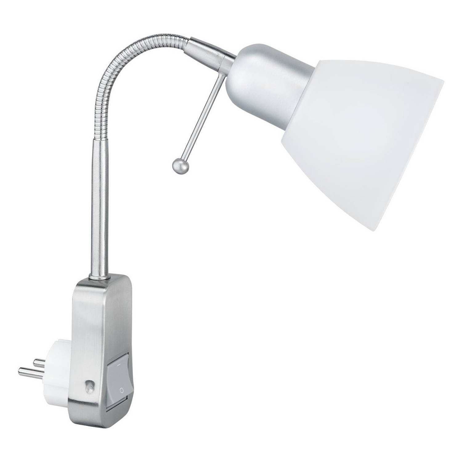 stopcontact lamp met schakelaar trion rond mat chroom aluminium e14 stekkerlamp stekkerspot blokker