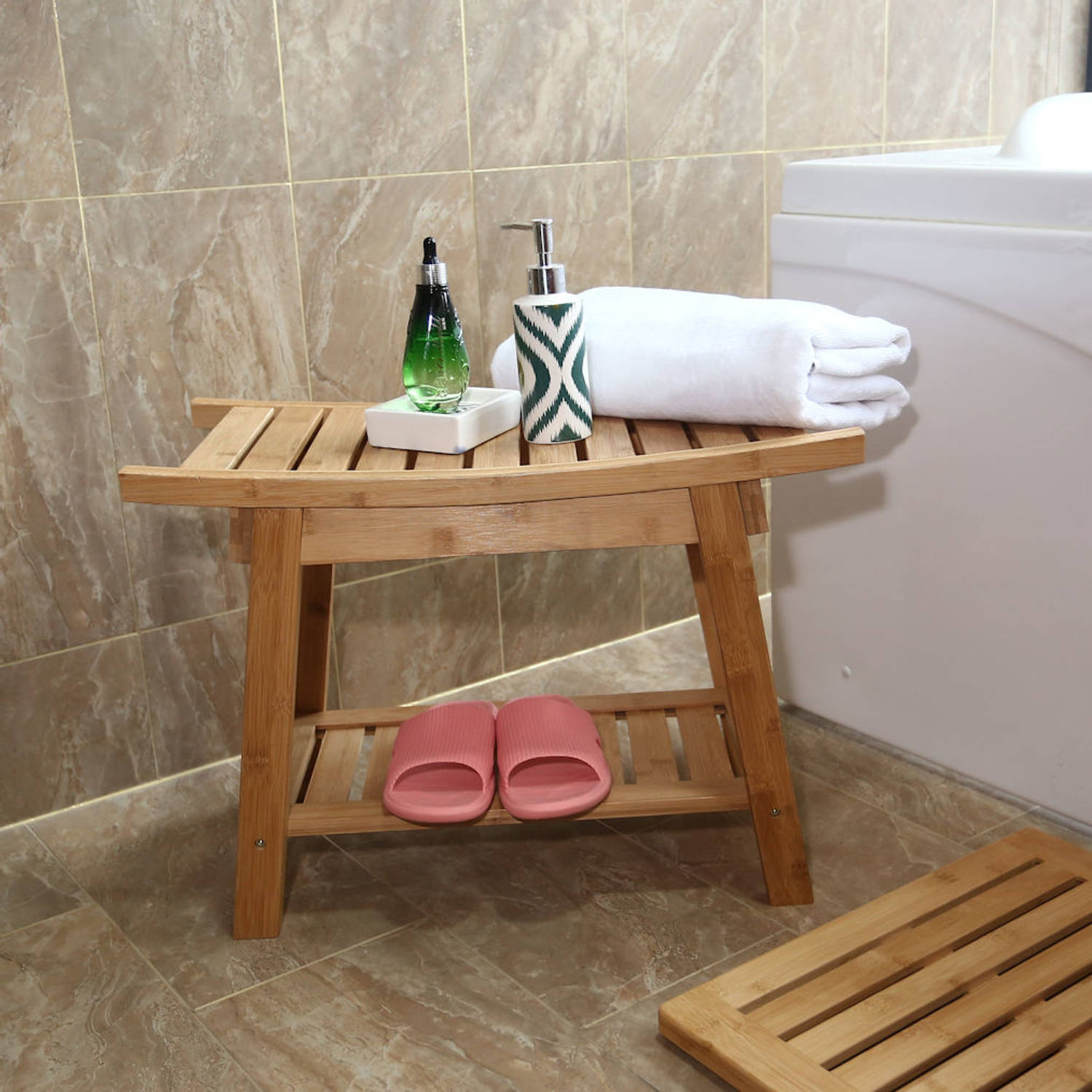 schattig hoek Verbetering Luxe Bamboe badkamer bankje - Bankje met opbergvak - Houten badkamer |  Blokker