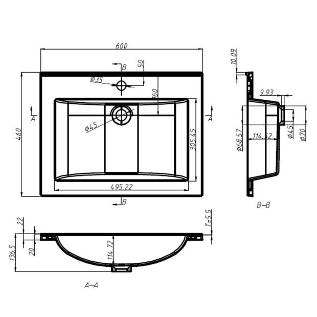 The Living Store Inbouw wastafel - 600 x 460 x 130 mm - Slijtvast SMC - Diameter afvoergat 4.5 cm