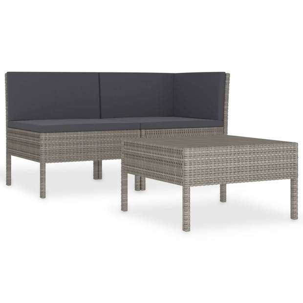 vidaXL 3-delige Loungeset met kussens poly rattan grijs