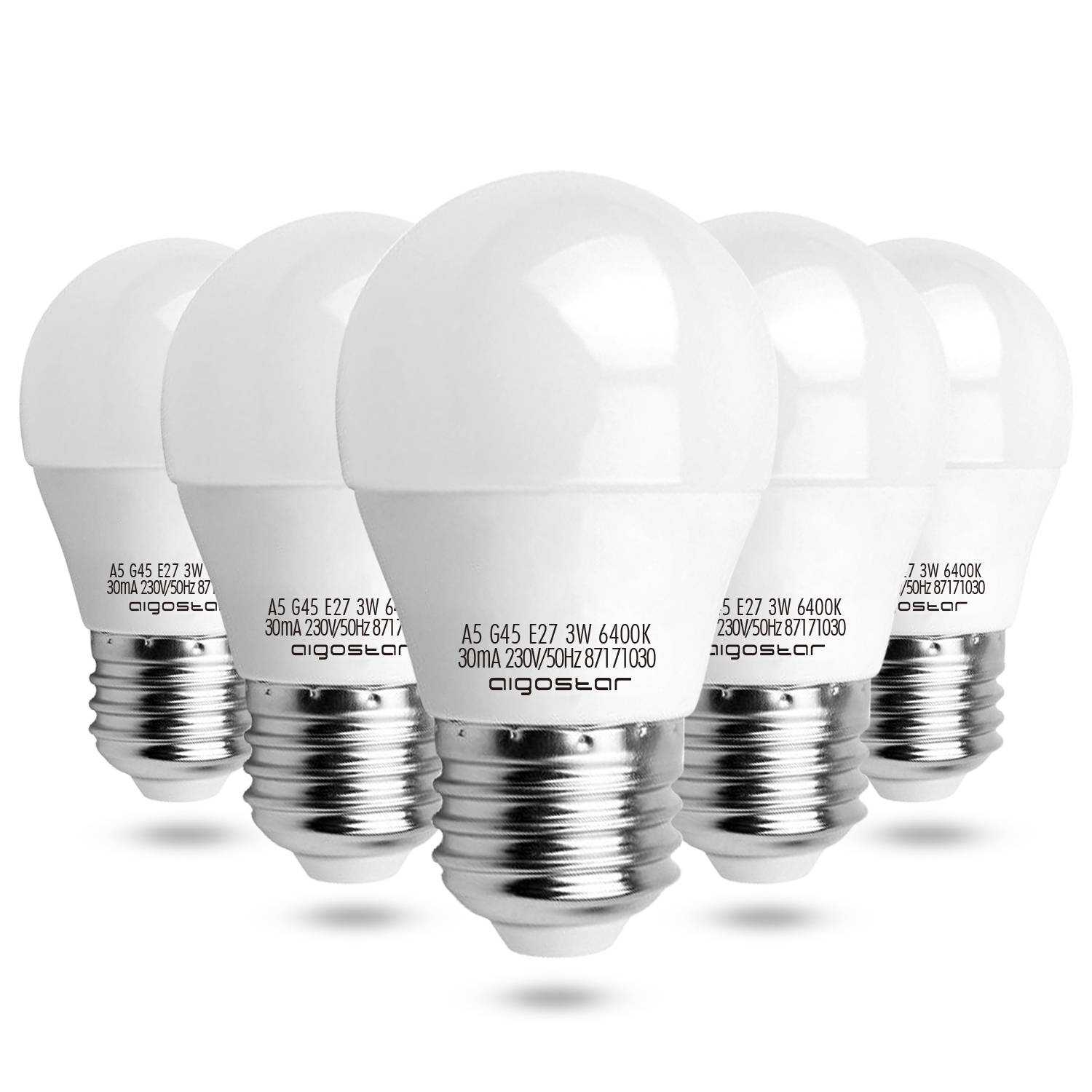 Aigostar LED lamp A5 G45 3W - E27 Fitting - Daglicht 6500K - 255lm - Vervangt 25W - Set van 5 stuks