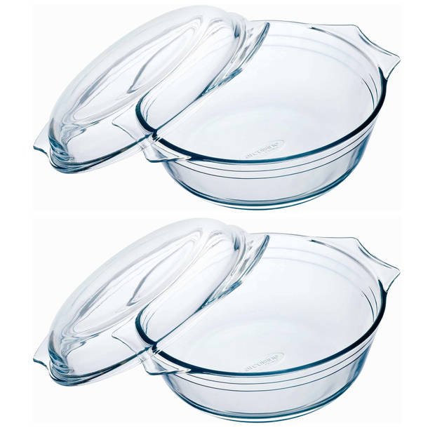 2x Ovenschalen/braadsleses rond van glas met deksel 3 liter 23 x 11 cm - Ovenschalen