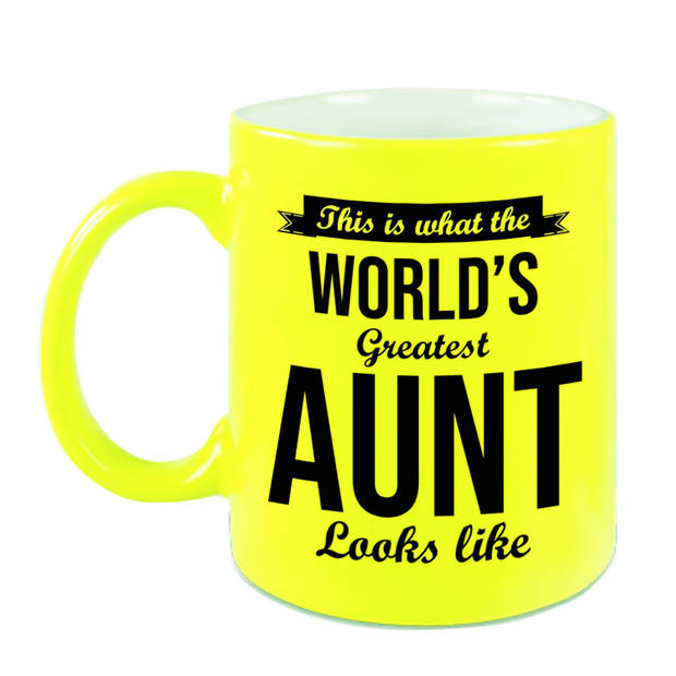 Worlds Greatest Aunt / tante cadeau mok / beker neon geel 330 ml - feest mokken
