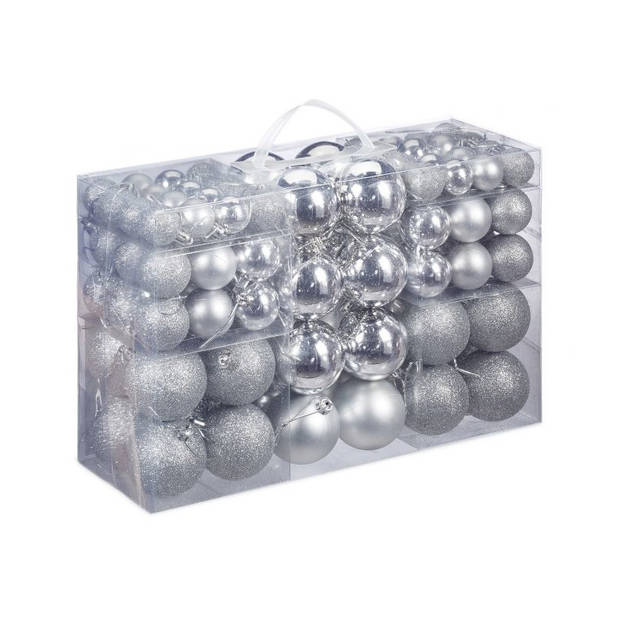 100x Zilveren kunststof kerstballen 3, 4 en 6 cm glitter, mat, glans - Kerstbal