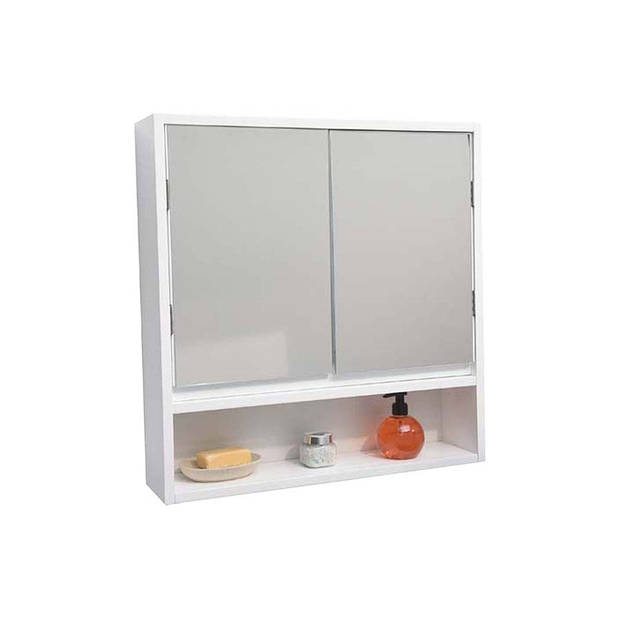 Gebor - Praktische en Brede Wandkast van MDF met 2 spiegeldeuren - Wit - 58x56x13cm - Opbergkast - Badkamer