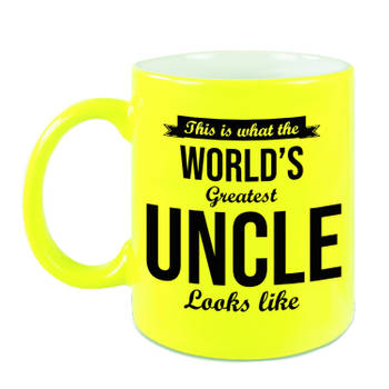 Oom cadeau mok / beker neon geel Worlds Greatest uncle - feest mokken