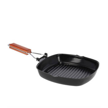 Zwarte grillpan 25 cm met anti-aanbak laag en houten handvat - Grillpannen - Vlees/voedsel grillen - koekenpannen