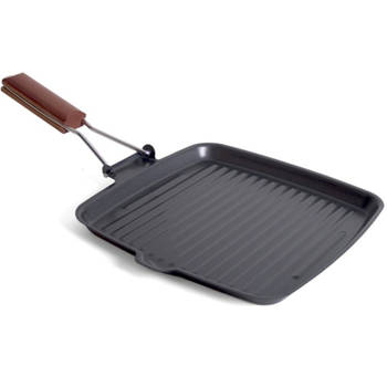 Zwarte grillpan koekenpan 26 cm met anti-aanbak laag en houten handvat - Grilpannen
