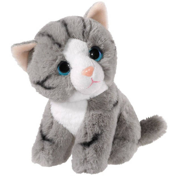 Cadeau setje pluche grijze kat/poes knuffel 14 cm met Happy Birthday wenskaart - Knuffel huisdieren