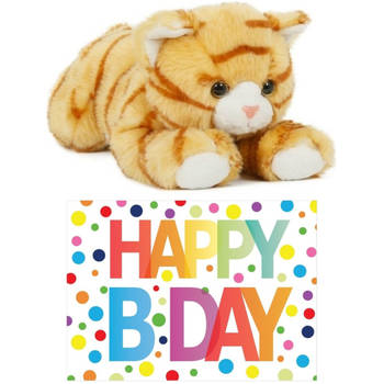 Cadeau setje pluche rood/witte kat/poes knuffel 25 cm met Happy Birthday wenskaart - Knuffel huisdieren