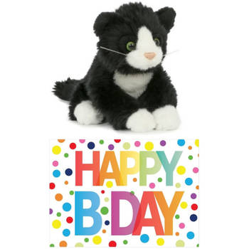 Cadeau setje pluche zwart/witte kat/poes knuffel 18 cm met Happy Birthday wenskaart - Knuffel huisdieren