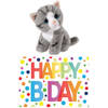 Cadeau setje pluche grijze kat/poes knuffel 14 cm met Happy Birthday wenskaart - Knuffel huisdieren