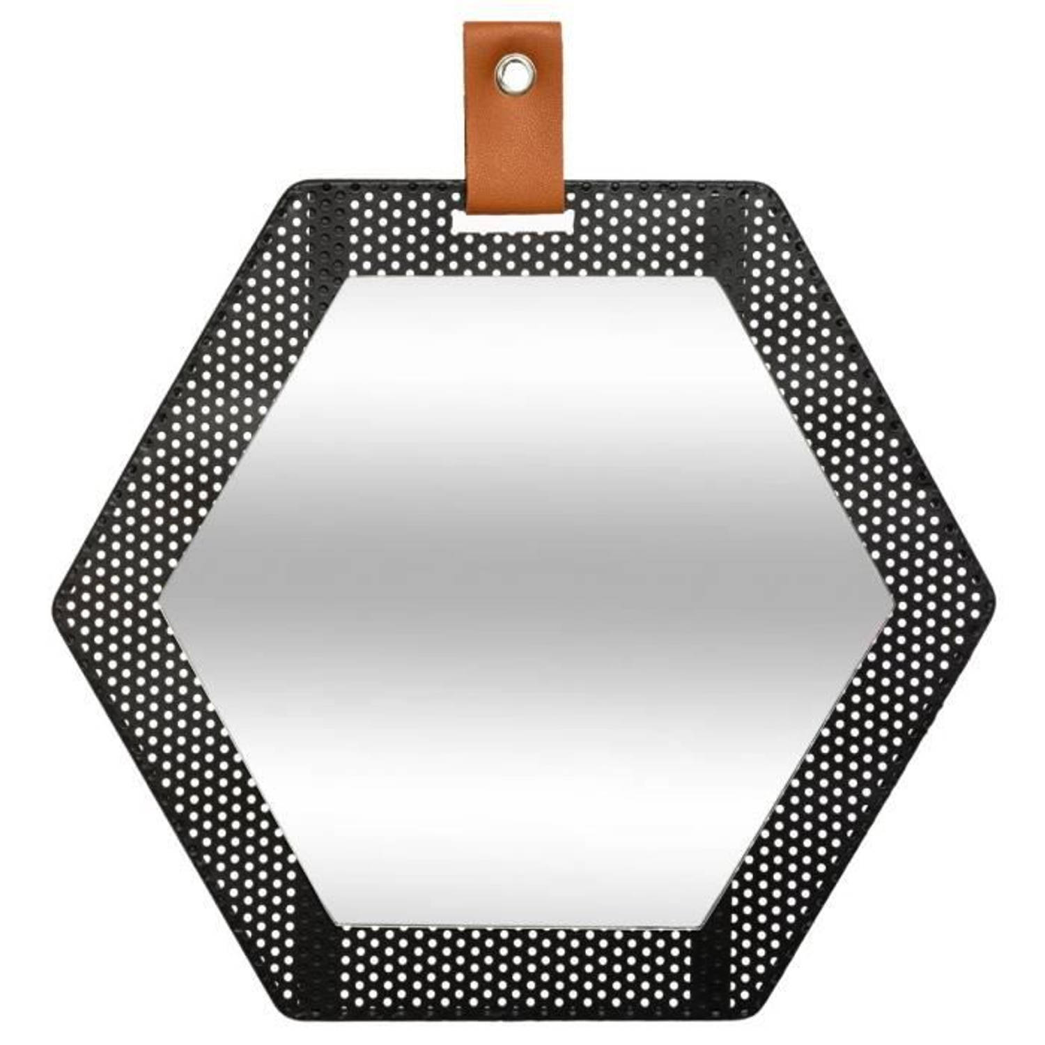 Zeshoekige Spiegel Mona - metaal - 30 x 34 cm - Zeshoek - Hexagon - Industrieel - Zwart - Metaal - Glas