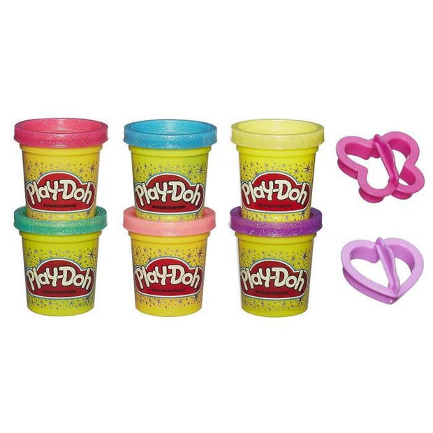 Play-Doh - 6 potjes Glitter boetseerklei en 2 accessoires - elk 56 g