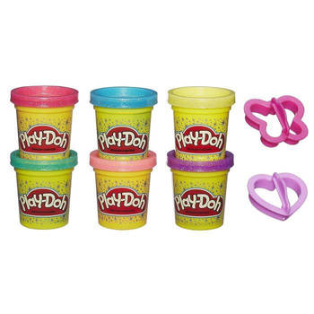 Play-Doh - 6 potjes Glitter boetseerklei en 2 accessoires - elk 56 g