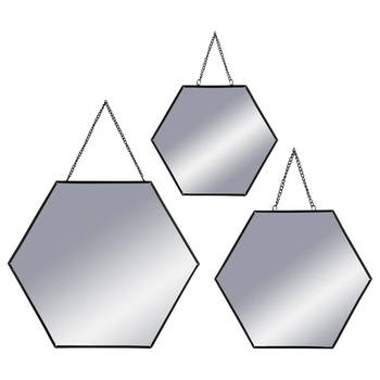 Set van 3x spiegels/wandspiegels hexagon metaal zwart met ketting - Spiegels