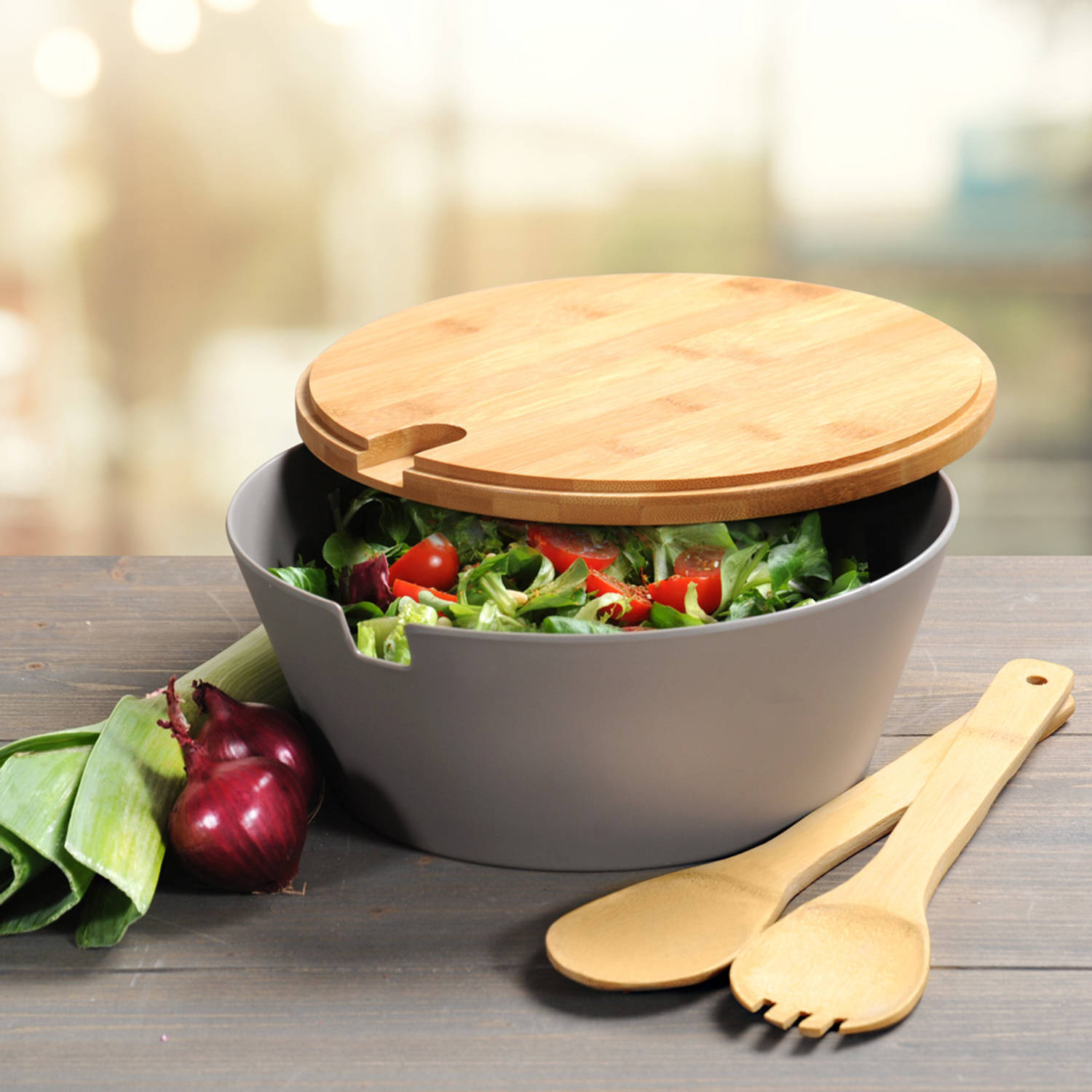 Beperken Niet verwacht volume Salade Schaal Ø26 Cm - Saladeschaal met FSC® Bamboe Deksel en 2 Salade |  Blokker