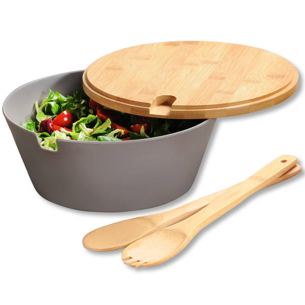 Salade Schaal Ø26 Cm - Saladeschaal met FSC® Bamboe Deksel en 2 Salade