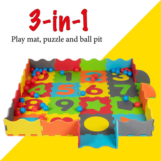 Let's Play Speelset - 3-in-1: Speelmat, Puzzel en Ballenbak - Schuimrubber - 40 Ballen