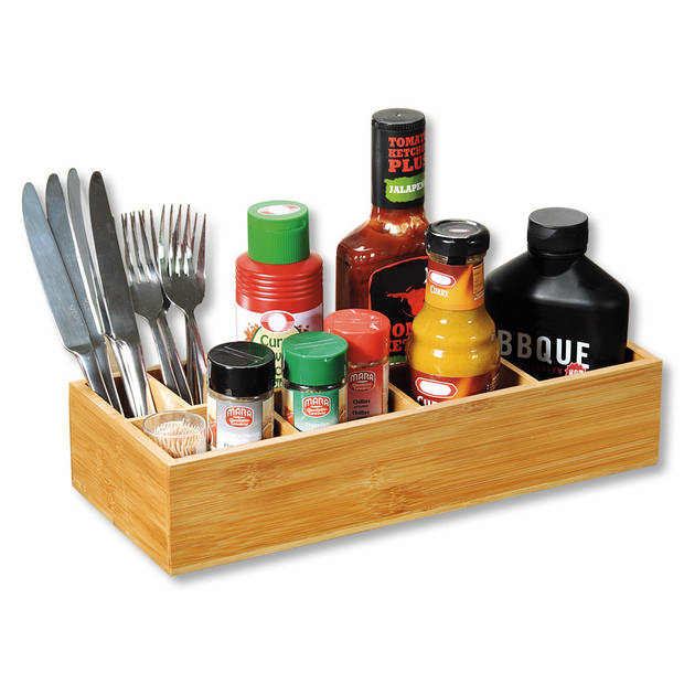 Kesper Bestekbak/keuken spullen/kruiden organizer - 6-vakken - bamboe hout - 36 x 15 x 7 cm - Bestekbakken