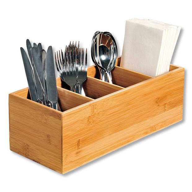 Kesper Bestekbak/keuken spullen/kruiden organizer - 4-vakken - bamboe hout - 36 x 12 x 14 cm - Bestekbakken