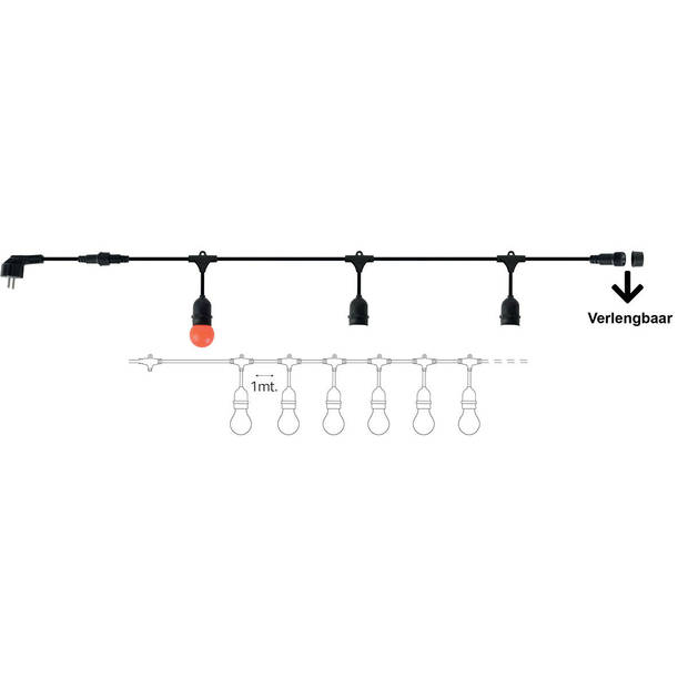 Prikkabel - Lichtsnoer - E27 Fitting - 10 Lampen - 10 Meter - 750W - Zwart