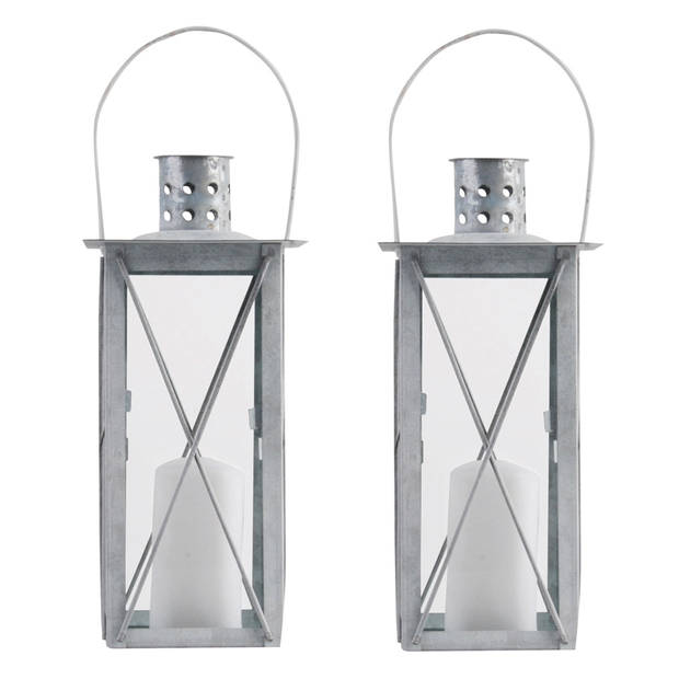 Set van 2x stuks zilveren tuin lantaarn/windlicht van zink 12 x 12 x 25,5 cm - Lantaarns