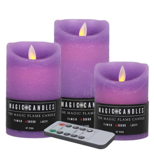 LED kaarsen - 3x st - lavendel paars - met zwart rond dienblad 29,5 cm - LED kaarsen