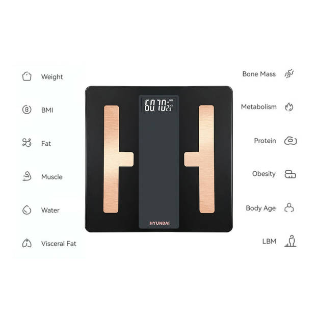 Hyundai Electronics - Digitale personenweegschaal met Bluetooth en lichaamsanalyse - Zwart Rosegoud
