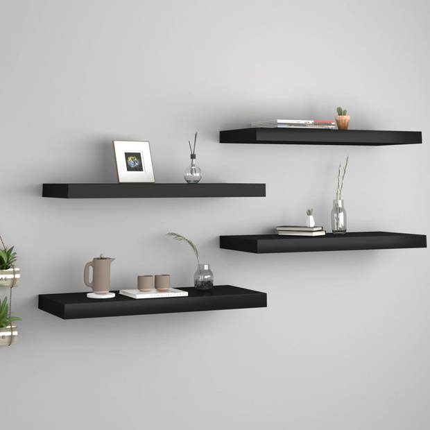 The Living Store Wandplanken - Set van 4 - MDF en Metaal - 60x23.5x3.8cm - Zwart