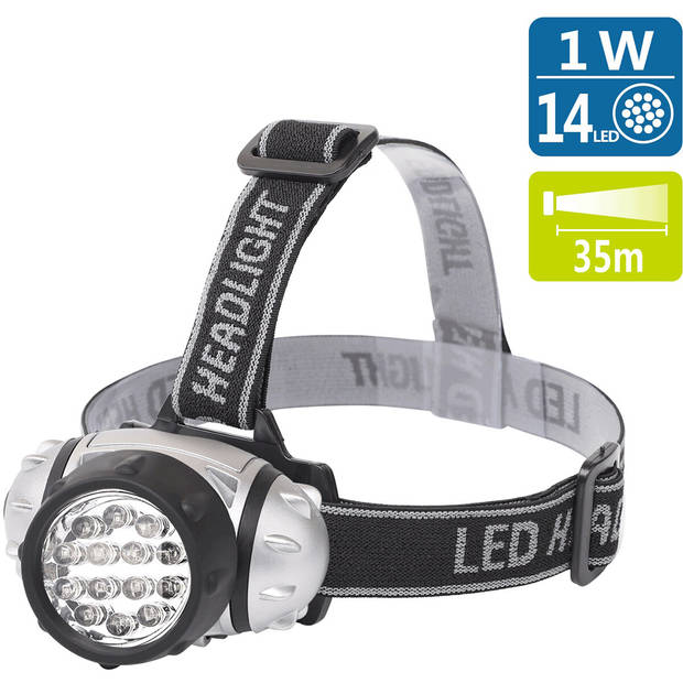LED Hoofdlamp - Aigi Heady - Waterdicht - 35 Meter - Kantelbaar - 14 LED's - 1W - Zilver Vervangt 8W