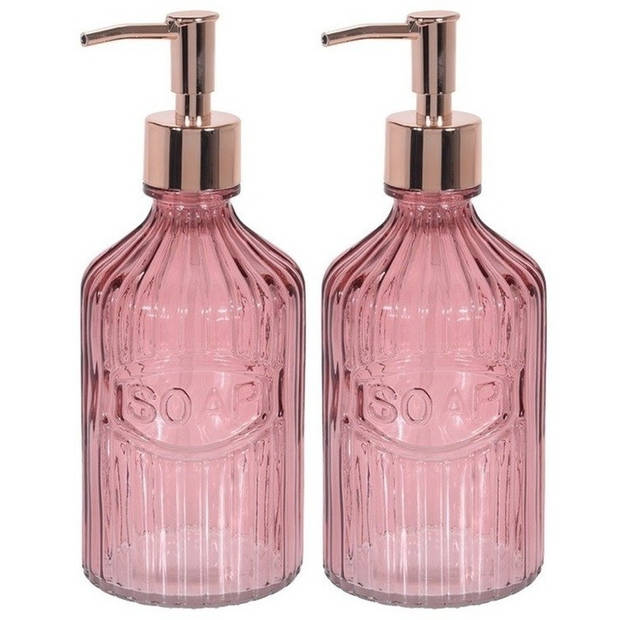 2x Roze zeepdispenser van glas 21 cm - Zeeppompjes