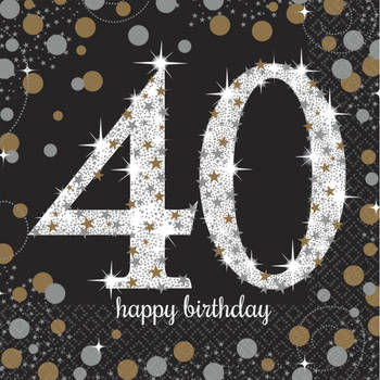 16x stuks 40 jaar verjaardag feest servetten zwart met confetti print 33 x 33 cm - Feestservetten