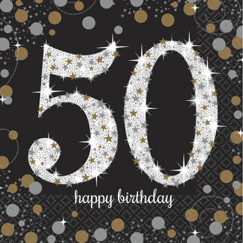 16x stuks 50 jaar verjaardag feest servetten zwart met confetti print 33 x 33 cm - Feestservetten