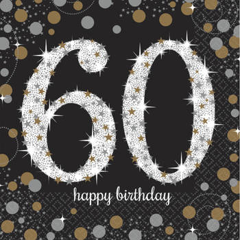 16x stuks 60 jaar verjaardag feest servetten zwart met confetti print 33 x 33 cm - Feestservetten