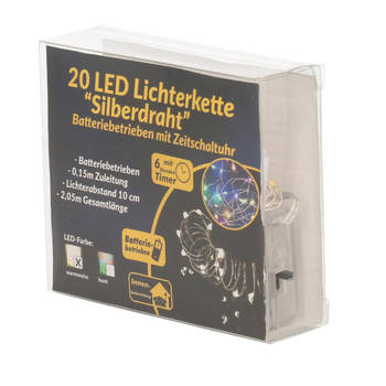 Kerstverlichting zilverdraad met multi gekleurde lichtjes 2 meter op batterijen met timer - Lichtsnoeren