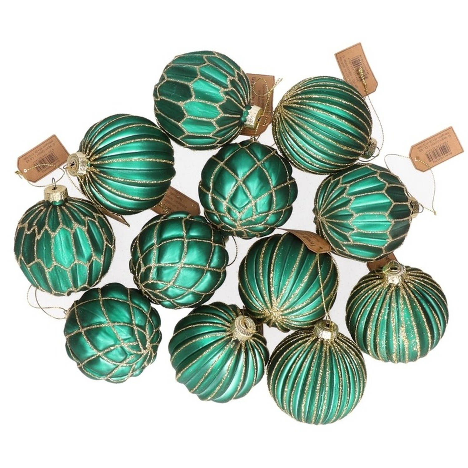 12x Groene Glazen Kerstballen Met Zilveren Decoratie 8 Cm Kerstboom Versiering-decoratie Kerstballen