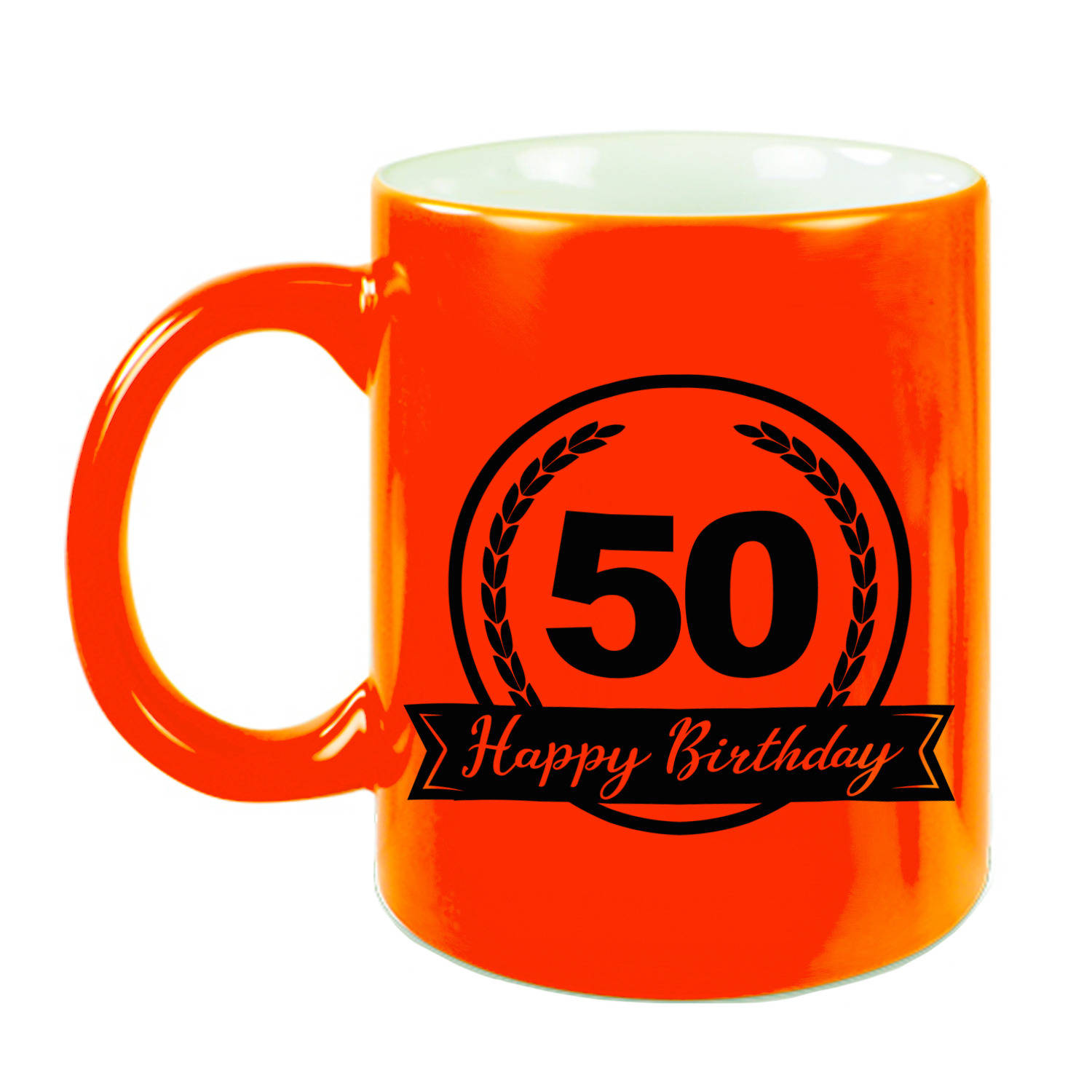 Happy Birthday 50 Years Cadeau Mok-Beker Met Wimpel 330 Ml Neon Oranje Abraham-Sarah Verjaardagscade
