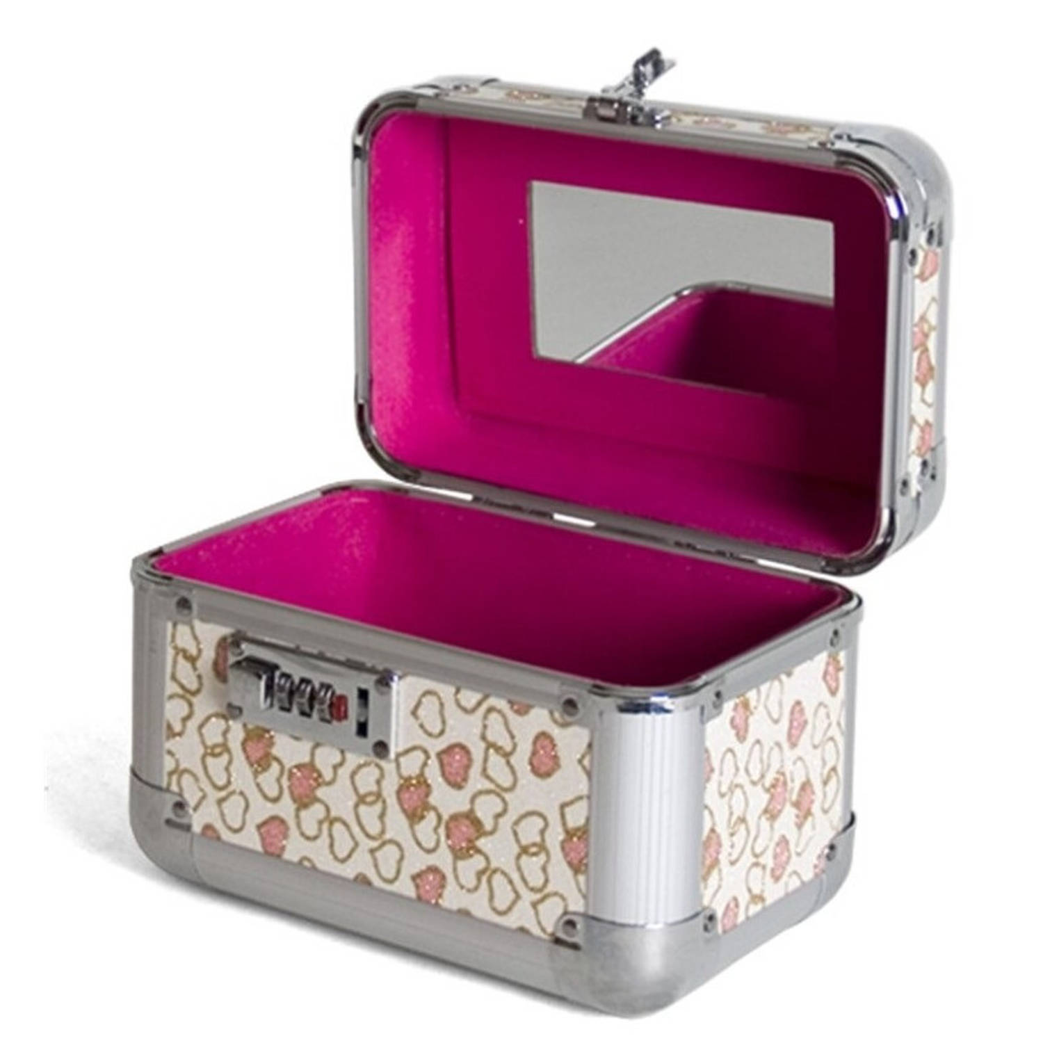 Beautycase Met Roze Hartjes En Cijferslot 21 X 14 X 21 Cm Make Up Koffers Sieradenkist-juwelenkist