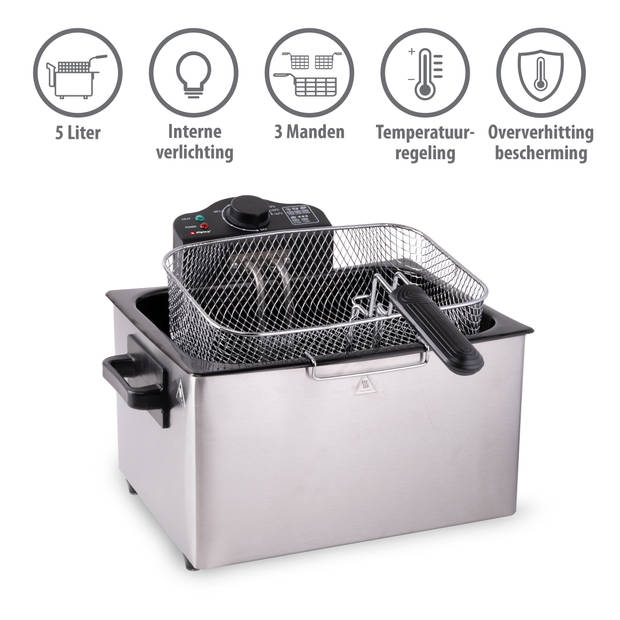 alpina Frituurpan 5 Liter - Dubbele Friteuse met 3 Frituurmanden, 1x Groot en 2x Klein - Frietpan met 2000W - RVS