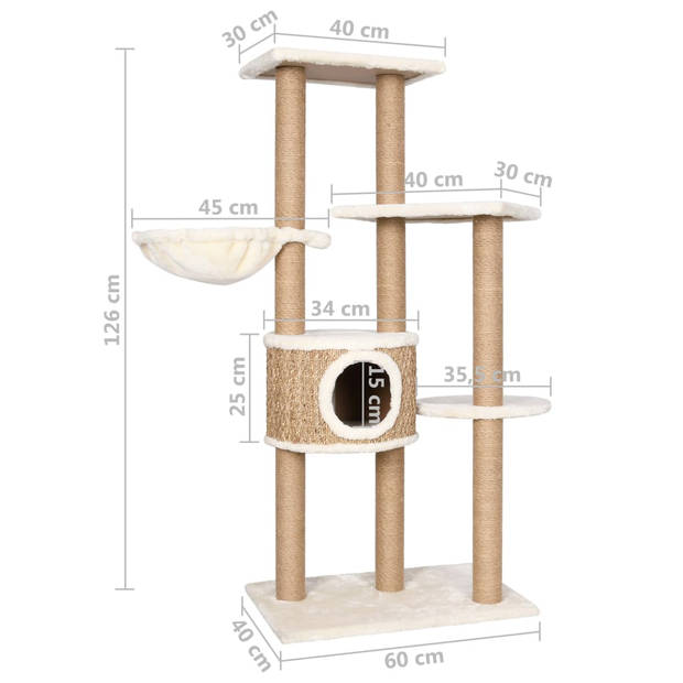 The Living Store Kattenmeubel - Beige - 60 x 40 x 126 cm - Krabpalen - mand - kattenhuis - Flakeboard - pluche -